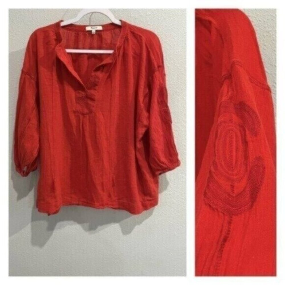 Madewell Embroidered Tassel Top Puff Sleeve Feminine Mod Casual Puff Sleeve